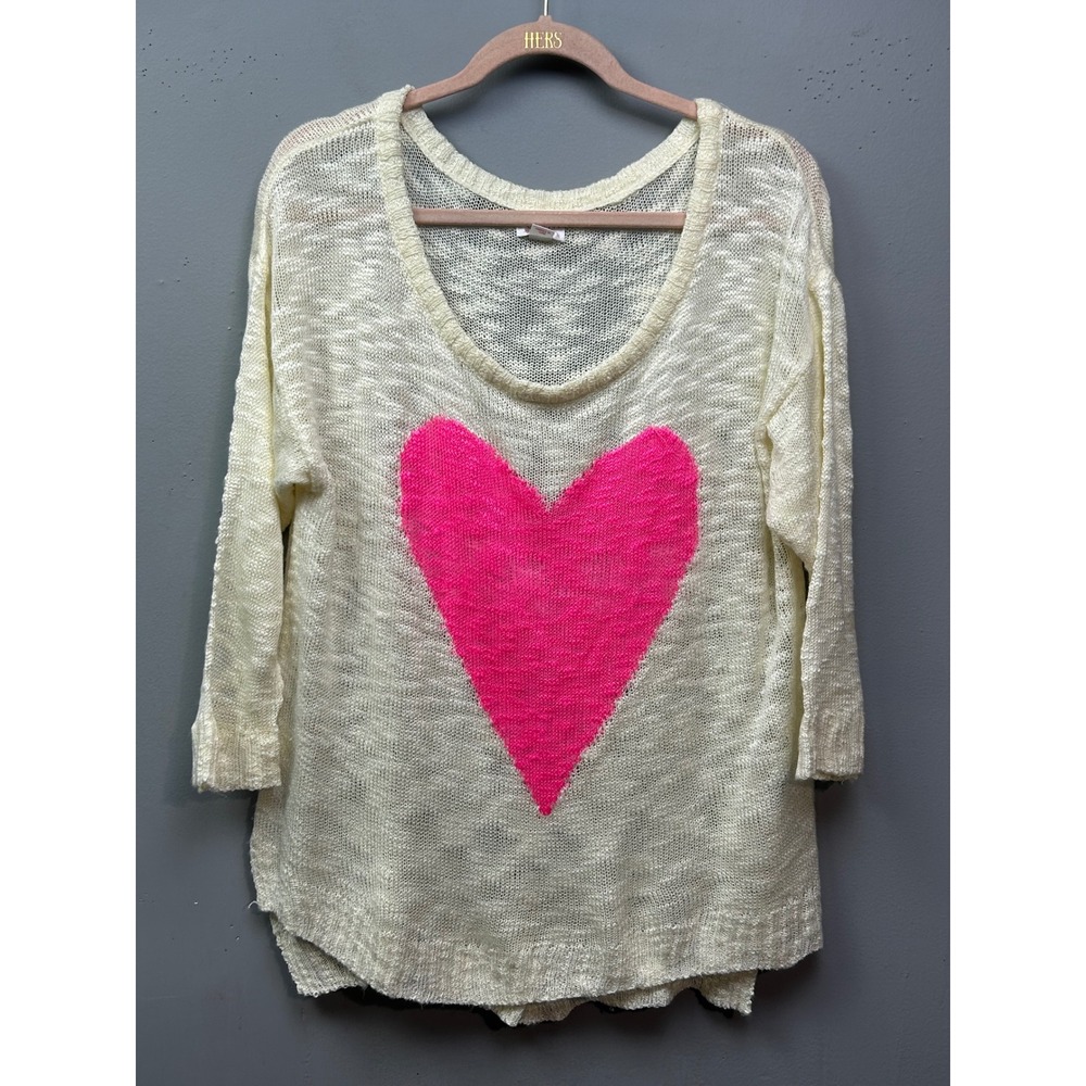Xhilaration Women's Cream‎ Knit Sweater Pink Heart Pullover Casual Top XXL